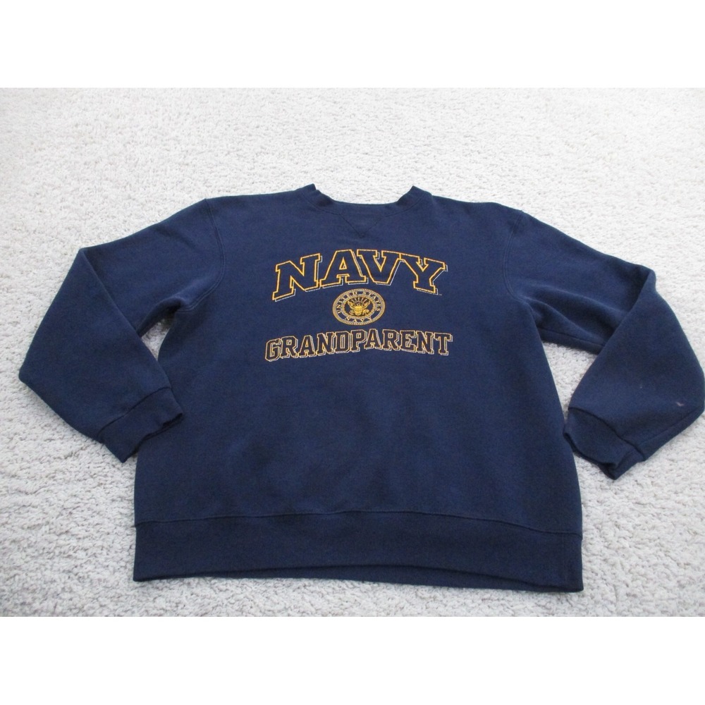 Vintage US Navy Sweater Mens Large Blue Logo Sweatshirt Pullover Fleece USA 90s